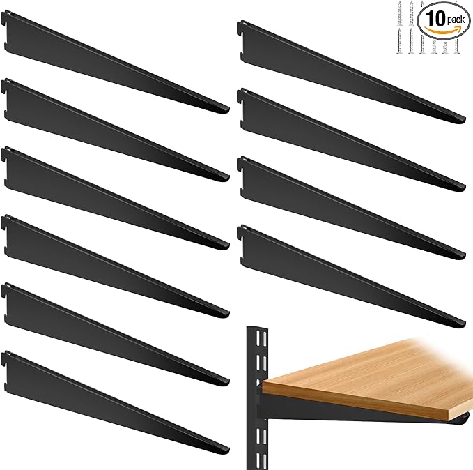 10 Pack 13‑Inch Adjustable Wire Shelf Brackets – Heavy‑Duty Double‑Track Closet & Wall Shelving System Supports（Black）