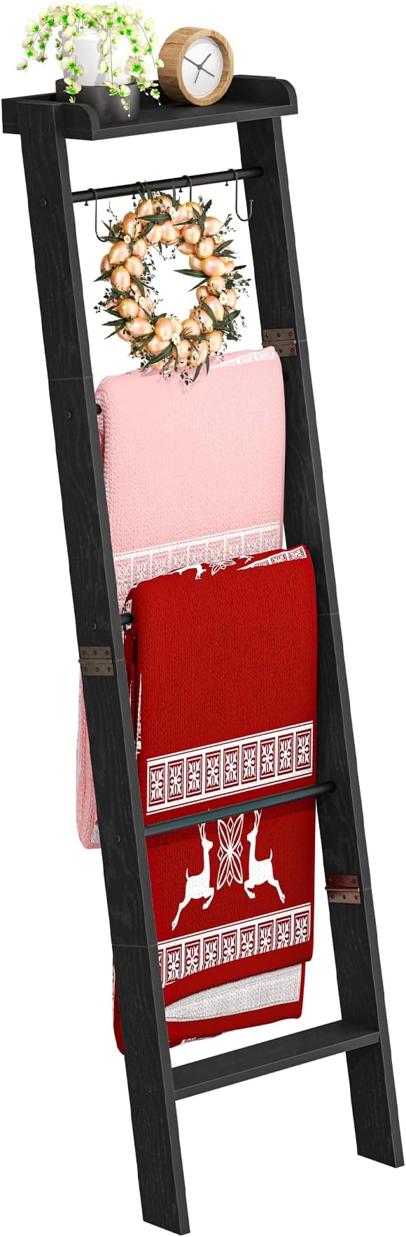 Blanket Ladder Shelf, Decorative Quilt Rack,6-Tier Farmhouse Ladder Holder Organizer with 4 Removable Hooks, Black BR35804B
