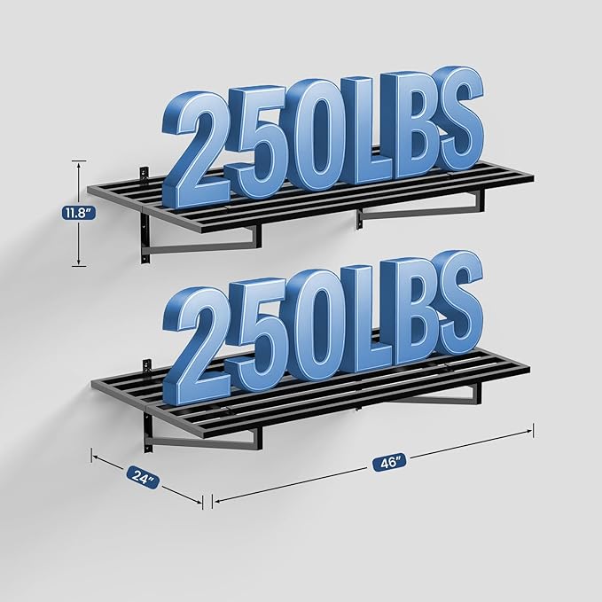 3-Pack Garage Wall Shelves, 2' x 4' Heavy Duty Wall Mounted Storage Rack with 9 Hooks, 750 lbs Capacity (250 lbs Each), Steel Garage Organization Shelving for Tools, Bins, and Power Equipment