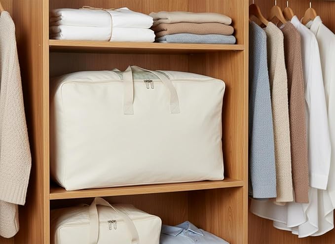 Soft Canvas Clothes Storage Bags with Four Carrying Handles and Clear Window, Closet Organizer for Clothing, Blankets Sheets Pillows and Bedding, 55L, 3 Pack, White