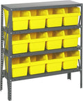 Quantum 1839-SB808YL Heavy Duty Shelving Unit with (4) Shelve and (12) QSB808 Yellow Bins for Garage Warehouse Storage Distribution | 400 lb Load Capacity | 12"D x 36"L x 39"H, Galvanized Carbon Steel