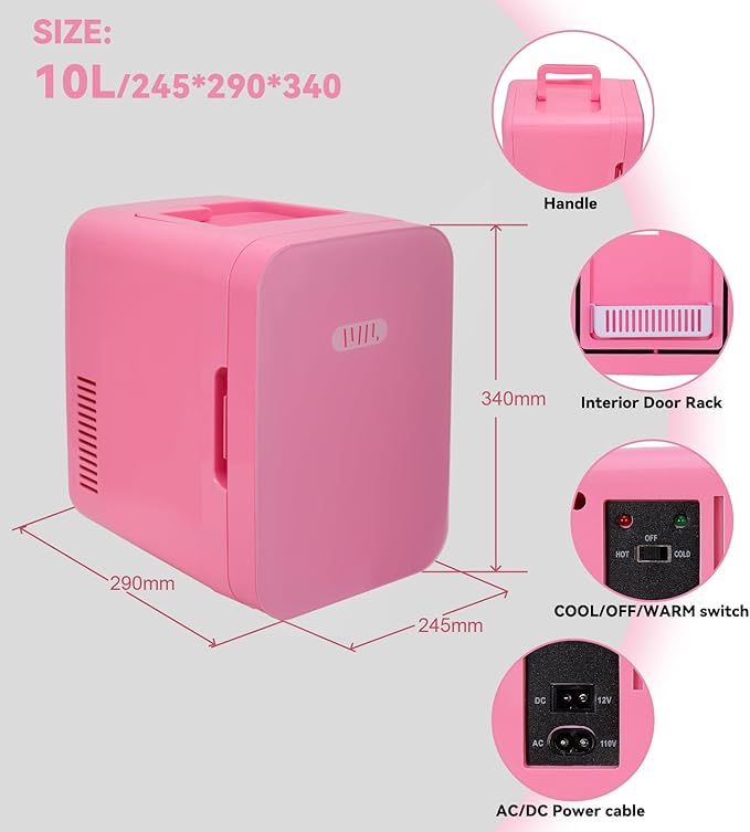 JOYSTAR 10 Liter/12 Cans Mini Fridge for Bedroom, Office, Dorm & Car, Portable Small Refrigerator for Skincare, Makeup, Beverage, Drinks, Thermoelectric Cooler & Warmer, Glass Door, Pink