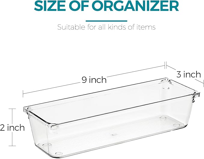 8 Pack Drawer Organizer - 3" X 9" Clear Acrylic Storage Bins with Non-Slip Pads, Versatile Desk Tray for Makeup, Jewelry, Kitchen, Bathroom, and Office Organization