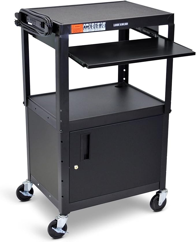 Stand Steady AV Cart with Locking Cabinet, Adjustable Height, UL Certified, Steel Frame, Black