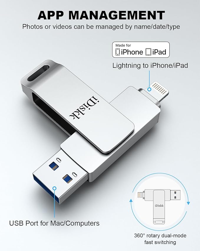 App-le Mfi Certified 128GB iDiskk iPhone Flash Drive,for Photos and Videos,Photo Stick, iPad Flashdrive,iPhone USB Storage, iPad iPhone Photo Storage Stick,for Mac,iPad,PC Thumb Drive Auto Backup