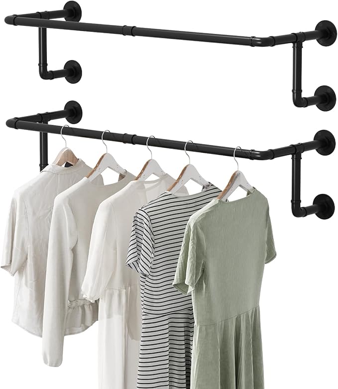 Industrial Pipe Clothes Racks 2 Pack, Black Pipe Wall Mounted Clothing Racks for Hanging Clothes, Space Saving Closet Hanging Rod for Laundry Room, Bedroom