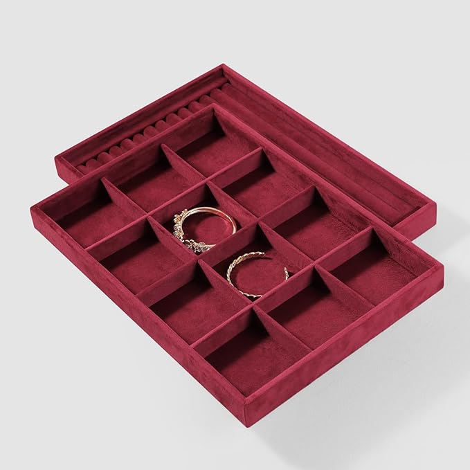 Velvet Stackable Jewelry Display Tray, 12 Grid Watch Bangle Bracelet Storage Tray, Makeup Drawer Insert Jewelry Shop Organizer Plate (Red)
