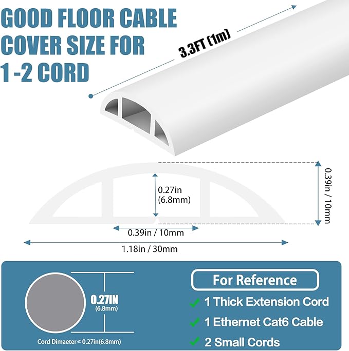 Floor Cord Covers for Wires 3.3FT Cable Hider Wire Cover Self Adhesive Cord Hider Floor for Offices, Homes, Workshops, Warehouses Cable Cavity 0.39" W x 0.27" H