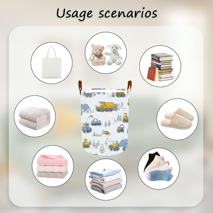 Laundry Baskets 15.7x19.7 Inch Construction Truck Mountain Scene Design Collapsible Laundry Hamper with Handles Oxford Fabric Clothes Storage Bin Foldable Dirty Clothes for Bedroom Bathroom Dorm