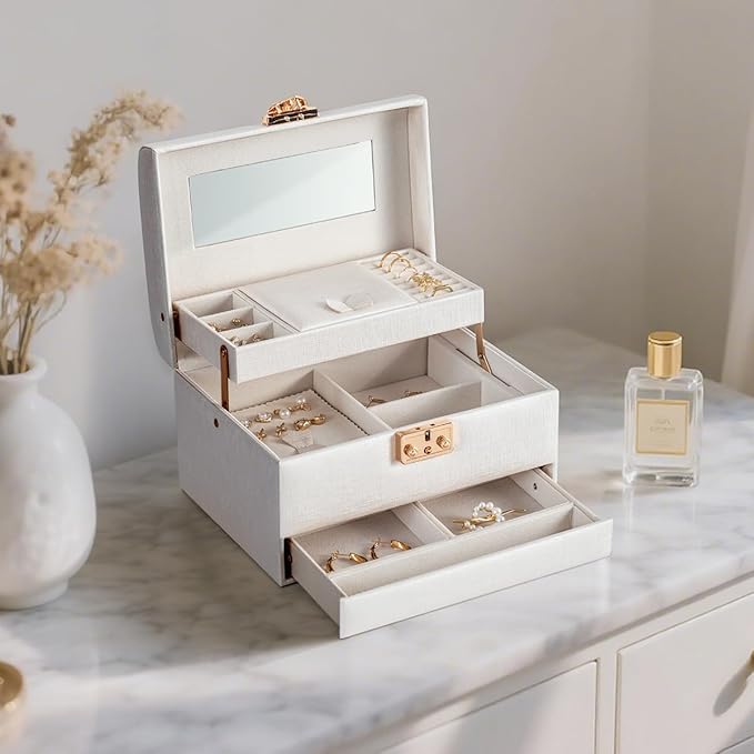 CASEGRACE Jewelry Box,3 Layers Leather Jewelry Storage Box with Lock, Mirror,Jewelry Storage Case for Necklaces Earrings Bracelets and Rings