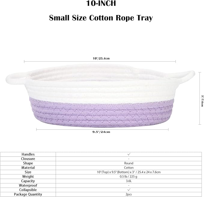 Sea Team 2-Pack Cotton Rope Baskets, 10 x 3 Inches Small Woven Storage Basket, Fabric Tray, Bowl, Round Open Dish for Fruits, Jewelry, Keys, Sewing Kits (Lavender & White)
