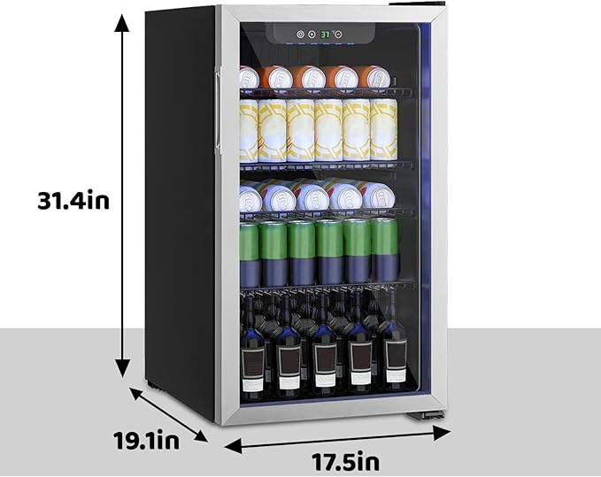 Compact 126 Can/3.2 Cu.Ft Mini Fridge For Soda, Beer Or Wine, Portable Small Beverage Refrigerator With Digital Display&Removable Shelves &Reversible Glass Front Door For Office, Dorm, Bar