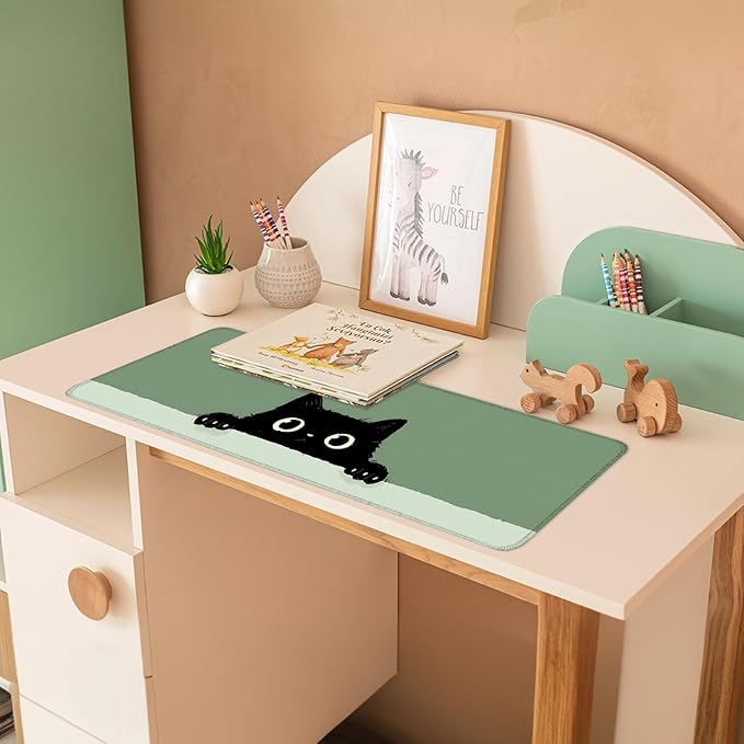 Cute Black Cat Large Mouse Pad – Extended Desk Mat 31.5 x 11.8 in– Kawaii Kitty Peeking Over Edge, Green Background, Non-Slip Rubber Base, Waterproof Keyboard & Mouse Pad for Office or Gaming