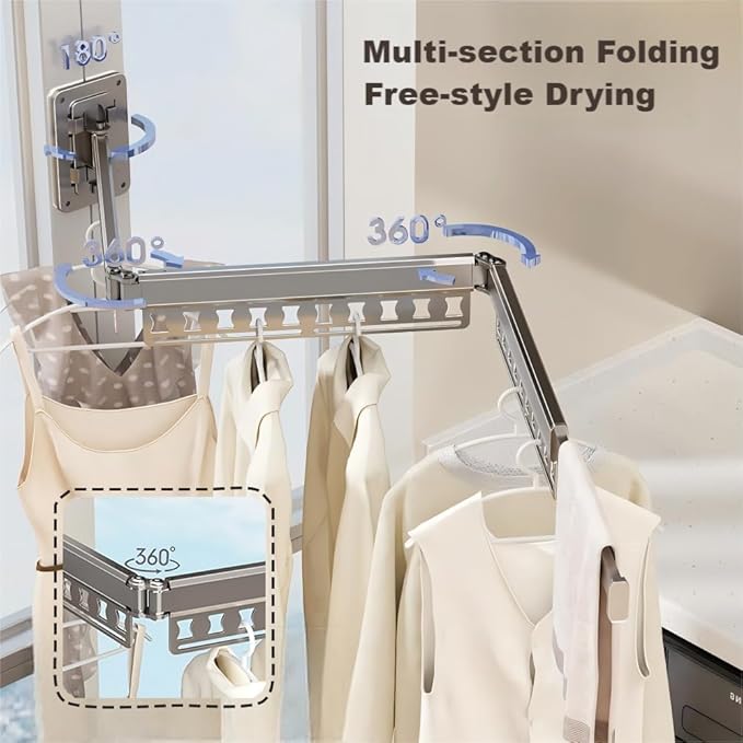 Clothes Drying Rack Wall-Mounted, 3-Fold Retractable Clothes Hanger with Windproof Holes & Detachable Design, Sturdy Foldable Laundry Rack for Balcony, Bathroom Use (Gunmetal Gray)