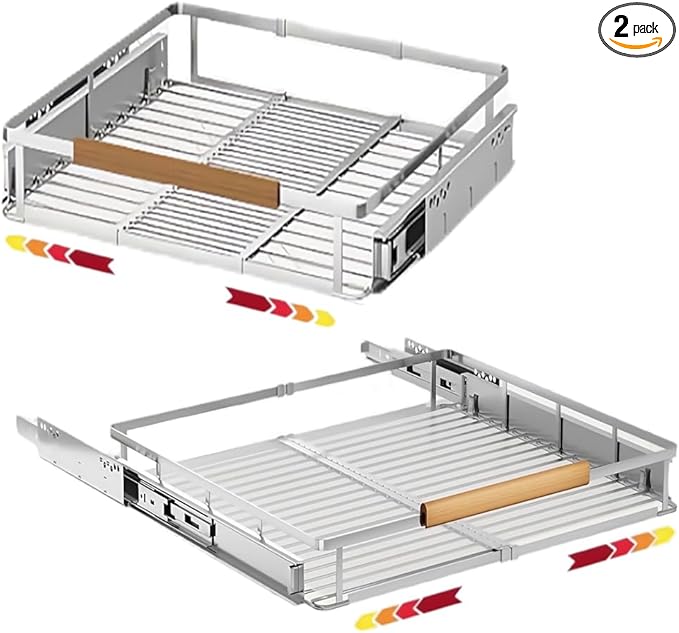 2 Pack Expandable Pull Out Cabinet Organizer，Side Mounting 16.3~26.3"x17.3"Cabinet Pull Out Shelves, Expandable Slide Out Spice Rack for Kitchen Bathroom Office