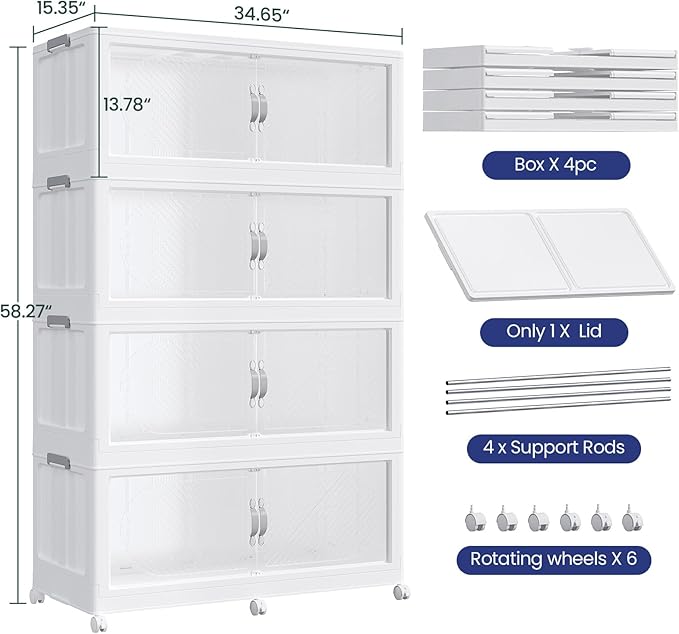 960QT Extra Large Stackable Storage Bins with Lid & Wheels & Doors, 240Gal Foldable Collapsible Closet Organizers, Plastic Cabinet Box Container Drawer for Home Kitchen Bedroom, 4Pack White