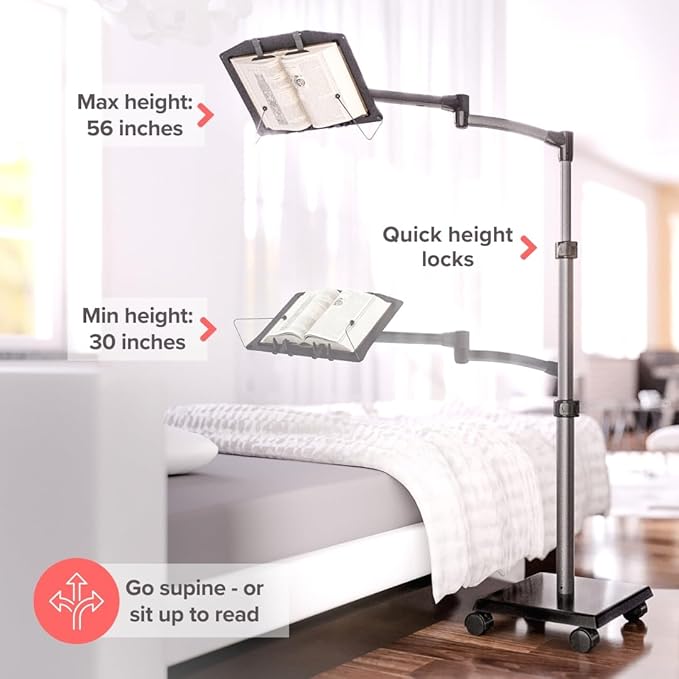 LEVO G2 Book Holder Floor Stand with Rolling Base – Our Premium Adjustable Reading Station on Wheels for Bed, Couch, or Recliner – Ergonomic Hands-Free Page Support for Heavy Novels and Textbooks