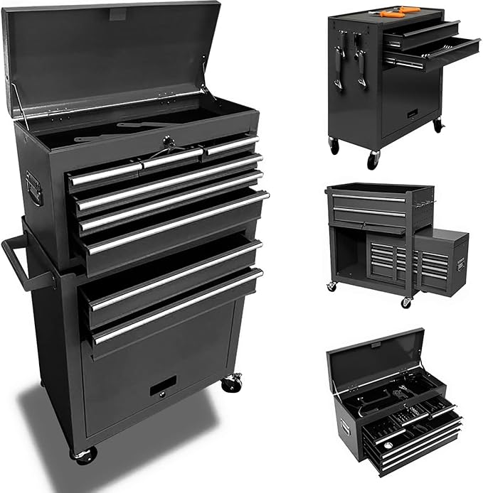 8-Drawer High Capacity Rolling Tool Chest, Removable Cabinet Storage Tool Box with Wheels and Drawers, Detachable Toolbox with Lock for Workshop Mechanics Garage