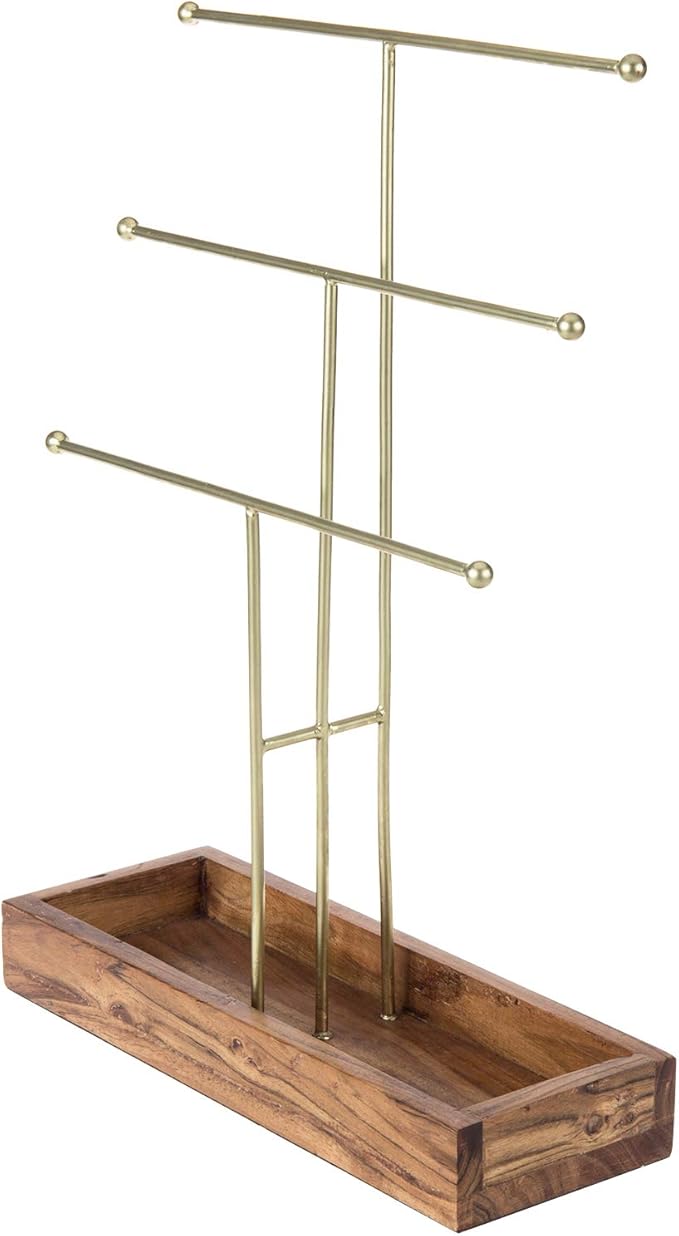 MyGift Handmade 3-Tier Brass Metal Jewelry Tree Organizer Stand and Ring Tray with Solid Acacia Wood Base, T Bar Necklace and Bracelet Display Rack, Handcrafted in India
