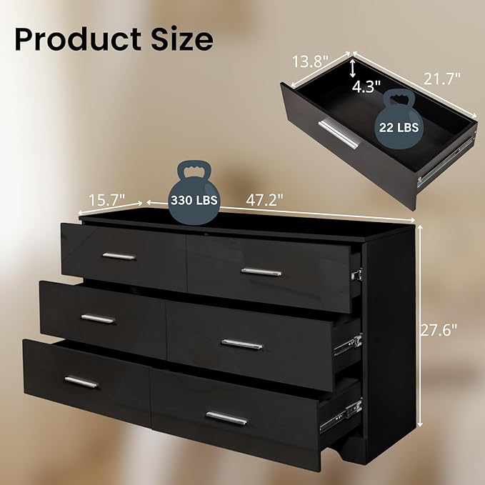Karl home 6 Drawer Dresser, Wood Black Vanity Drawer Cabinet, Bedroom Storage Cabinet TV Stand, Large Dresser Storage Chest with Deep Drawers, Bedroom Furniture