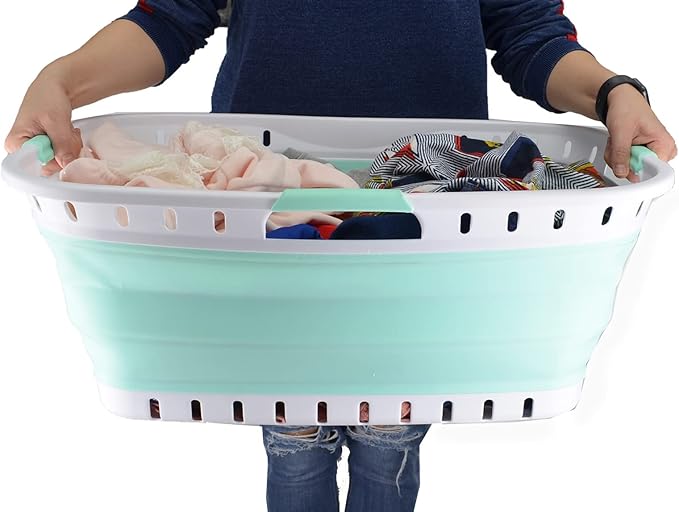 SAMMART 44L (11.62 gallon) Collapsible Plastic Laundry Basket - Foldable Pop Up Storage Container/Organizer - Portable Washing Tub - Space Saving Hamper/Basket (1, White/Light Green)