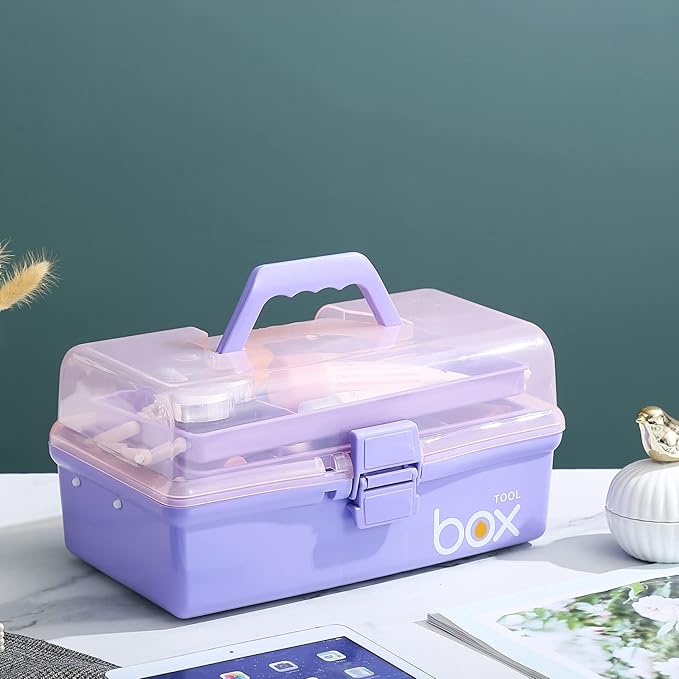 2PCS 12'' Three-Layer Clear Plastic Storage Box/Tool Box, Multipurpose Organizer and Portable Handled Storage Case for Art Craft and Cosmetic (Purple)