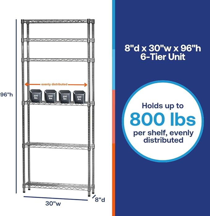 Shelving Inc. 8" d x 30" w x 96" h Chrome Wire Shelving with 6 Tier Shelves, Weight Capacity 800lbs Per Shelf