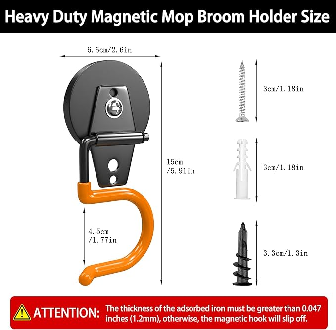3-H Magnetic Mop Broom Holder and Mop Organizer 4 Pack, Heavy Duty Strong Utility Magnetic Tools Holde, Anti-Slip Strong Metal Garden Tool Rack for Garage, Laundry, Garden (Orange)