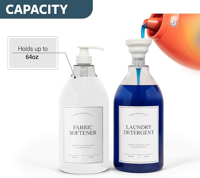 Calindiana Modern Farmhouse Liquid Laundry Detergent and Fabric Softener Dispenser for Laundry Room Decor and Organization, PET Plastic Landry Soap Containers with Water Resistant Labels, Clear 64oz
