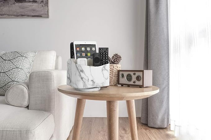 HofferRuffer Spinning Remote Control Holder, Remote Controller Holder, Remote Caddy, Media Storage Organizer, Spinning Remote Control Organizer, 7.3X 5.5 x 6 inches, Marble PU Leather