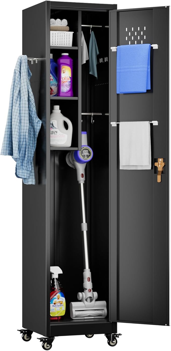 Aobabo 72" H Garage Storage Cabinet with Wheels, Broom Closet Lockable Metal Cleaning Tool Cabinet with Hooks, for Cleaning Supplies Broom mops, Assembly Required, Black