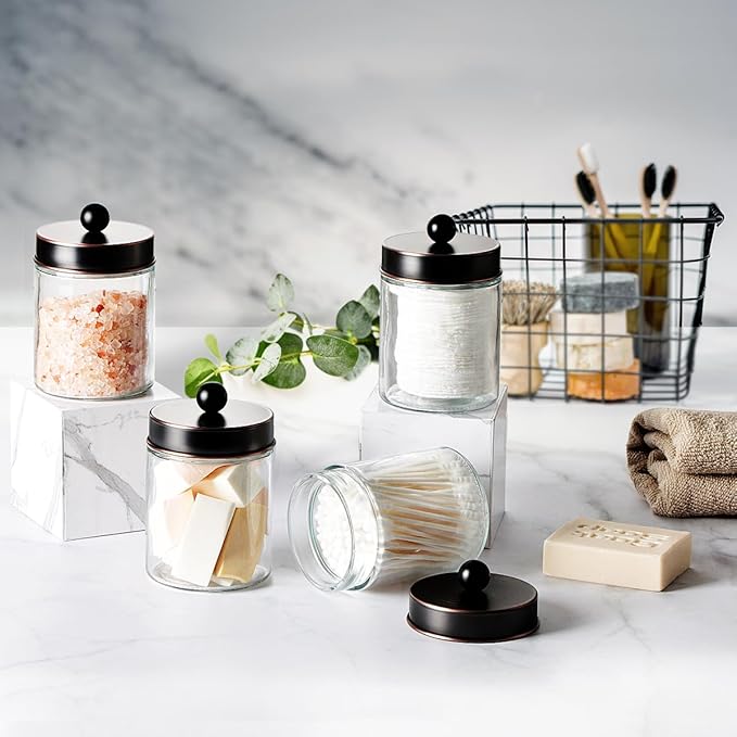 Amolliar 6 Pack Apothecary Jars Bathroom Vanity Organizer- Rustic Farmhouse Decor Storage Canister with Stainless Steel Lids- Qtip Dispenser Holder for Q-Tips,Cotton Swabs,Rounds,Ball,Flossers