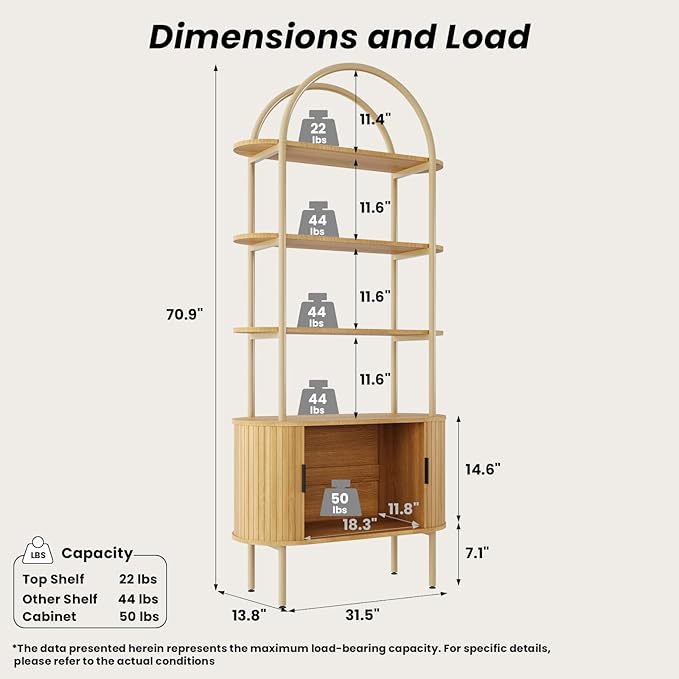 BREEZEHEAT Fluted Arched Bookshelf, 71" Tall Bookshelf with Sliding Tambour Doors, 4-Tier Open Display Storage Shelf, and Metal Frame, Curved Cabinet for Living Room, Home Office, Bedroom, Natural