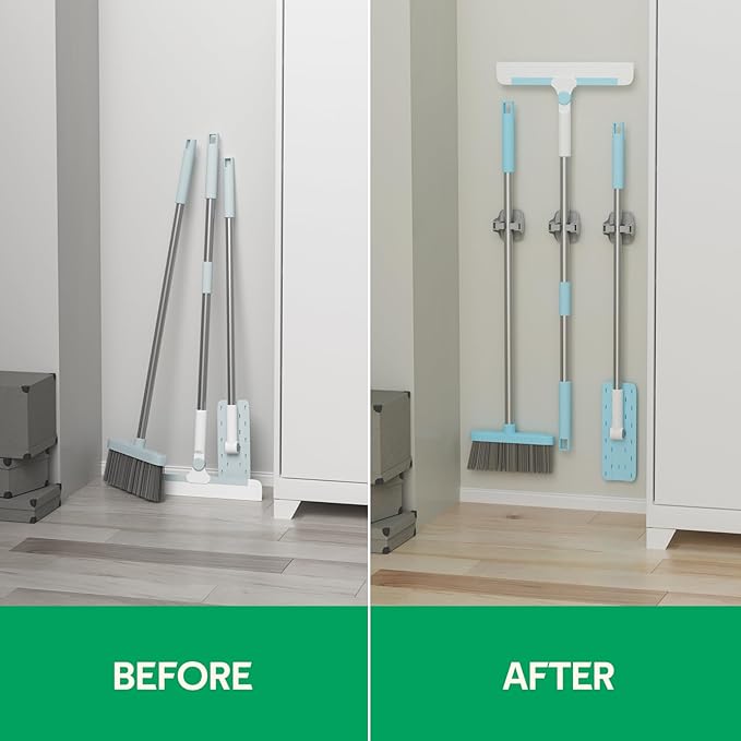 reliahom 3 Pack Broom Holder Wall Mount Mop Grippers No Drilling Self Adhesive Anti-Slip Mop Handle Hanger Dustpan and Broom Organizer Garage Storage Racks-Gray