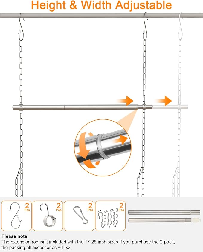 Hanging Closet Rod, Adjustable Width and Height Closet Rods Extender, 17-40inch Heavy-Duty Stainless Steel Bar, Space-Saving Closet Rod Hanging Clothes, 2Pack(Silver)