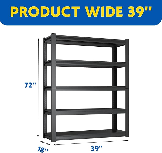 72''H Garage Shelving Heavy Duty,2500LBS Storage Shelves,5-Tier Adjustable Metal Shelve Storage Shelf Rack, Industrial Shelving Unit for Garage,Warehouse, Basement (39" W x 18" D x 72" H) 3PC