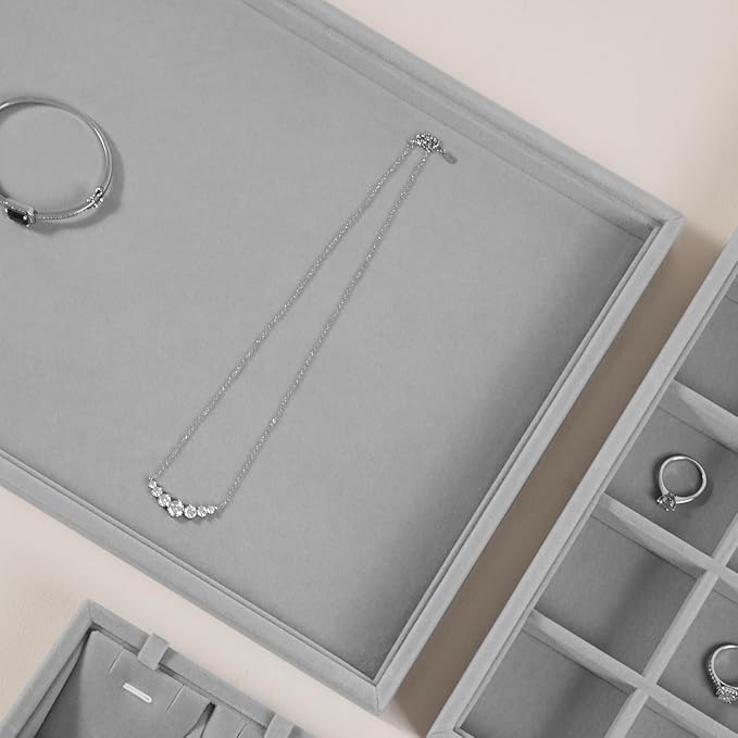 Velvet Stackable Jewelry Display Flat Tray For Ring Earring Necklace Bracelet, Bangle Pendant Storage Blank Plate, Shop Countertop Jewelry Dish Organizer (Gray)