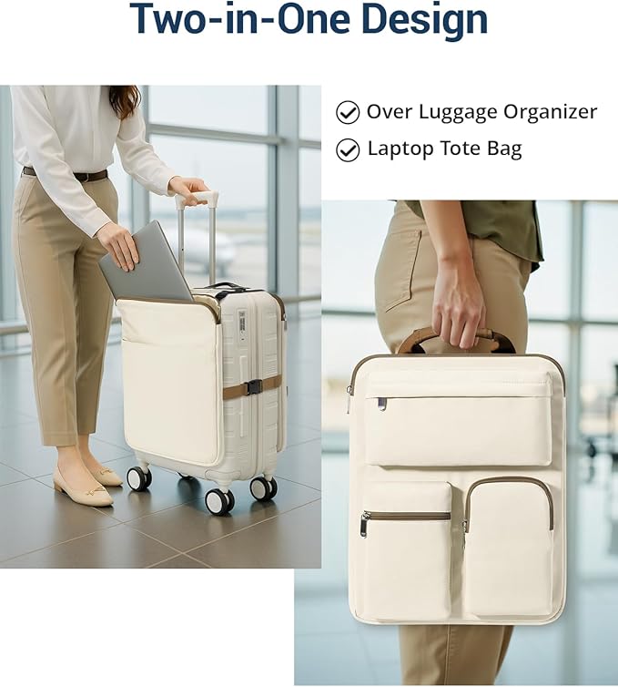 Over Luggage Organizer Bag for Suitcase with Multi Pockets, 16”Laptop Bag with Handle, Portable Travel Organizer Bags for Luggage with Adjustable Strap, Tote Carry Bag for Men Women(Beige)