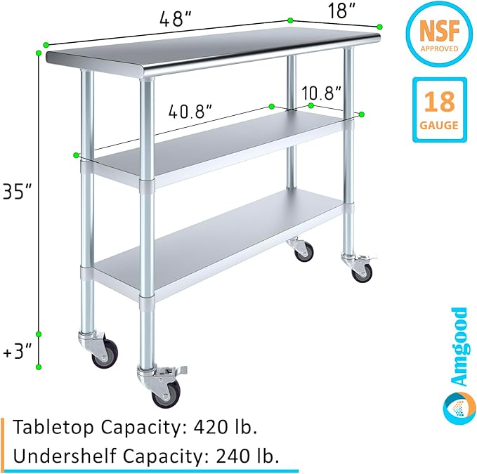 AmGood Stainless Steel Work Table with 2 Shelves and Casters | Metal Utility Table On Wheels (Stainless Steel Work Table with 2 Shelves + Casters, 48" Long x 18" Deep)