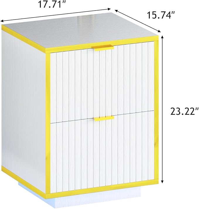 Fluted Nightstand Set of 2, White End Table with LED, Modern Floating Night Stand with Base, Bedside Table with Storage, End Table with Drawers for Bedroom, White and Gold