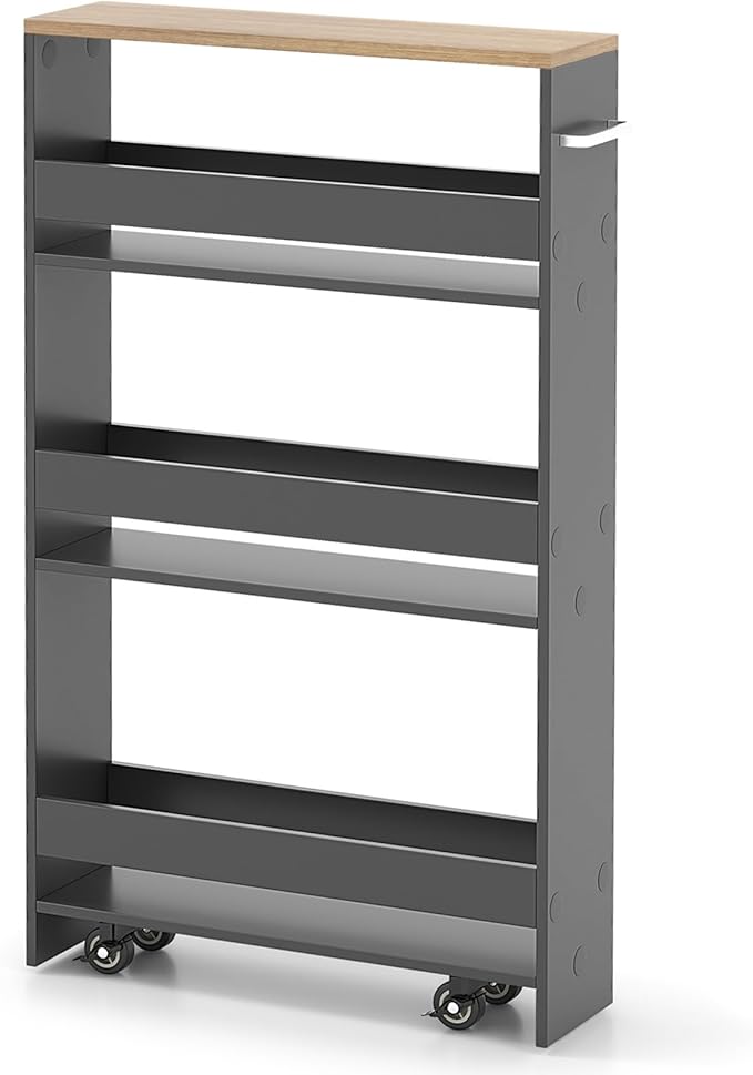 MAT EXPERT Slim Rolling Storage Cart, 4-Tier Freestanding Slim Storage Cart with Wheels 360 Degree & Metal Handle, Wooden Utility Cart for Narrow Kitchen, Laundry Room, Bathroom (Grey + Natural)