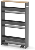 MAT EXPERT Slim Rolling Storage Cart, 4-Tier Freestanding Slim Storage Cart with Wheels 360 Degree & Metal Handle, Wooden Utility Cart for Narrow Kitchen, Laundry Room, Bathroom (Grey + Natural)