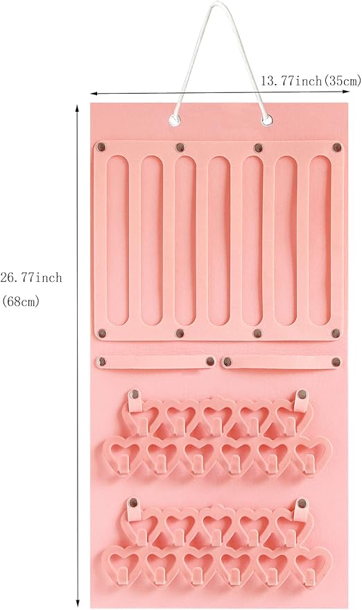 Hanging Jewelry Organizer for Girls Storage Holder Display Board Felt Wall with Detachable hooks Headband Holder Hair Clips Hair Ties Earrings Necklace Hair Clips Home Decor Pink