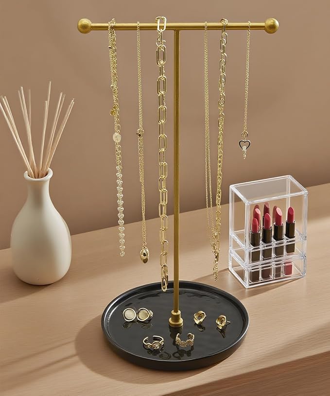 VROOMIUM Necklace Holder Stand - 6in Ceramic Base X 1ft Height, Aesthetic Decor for Bedroom, Jewelry Organizer for Necklace, Bracelets, Rings, Exhibidor de Collares- Mysterious Black