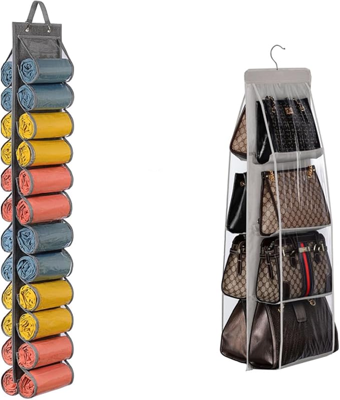 Lirex 8-Pocket Hanging Purse Organizer and 24 Pockets Scarf Organizer Bundle, Legging Storage Organizer for Closet, Grey
