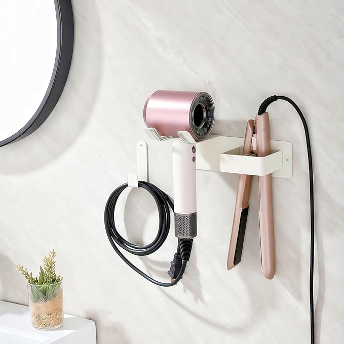 Hair Dryer and Straightener Holder, Upgraded Hair Straightener Holder with Cable Hook, Stainless Steel Universal Hairdryer Holder Wall Mounted Waterproof for Bathroom Space-Saving White PTALSEAW