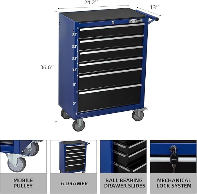 6-Drawer Rolling Tool Chest with Locking Wheels & Drawers, 13" D x 24.2" W x 36.6" H Mobile Tool Storage Cabinet, Heavy-Duty Garage Organizer w/Ergonomic Handle