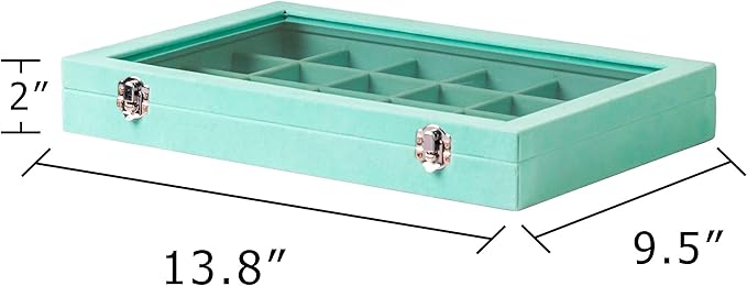 Frebeauty Jewelry Organizer Tray with Clear Lid 24 Grid Velvet Drawer Insert Jewelry Storage box with Transparent Glass lid Jewelry Display Case with Lock Gifts for Girls Women (Turquoise, 24 Grid)
