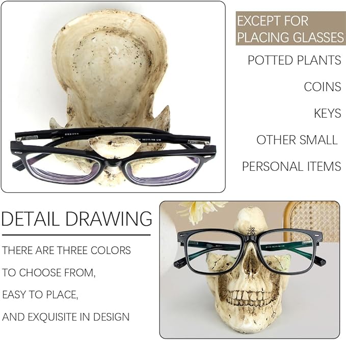 Mrlikale Skull Glasses Stand Holder, Creative Eyeglasses Holder, Sunglasses Spectacle Display Rack, Key Holder Resin Sculptures for Entryway, Home, Office, Desk, Nightstand (White)