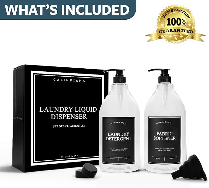 Calindiana Laundry Detergent Dispenser for Laundry Room Organization, Clear 64oz PET Plastic Landry Soap Containers with Black Water Resistant Labels, Black Pumps and Screw Caps, Collapsible Funnel